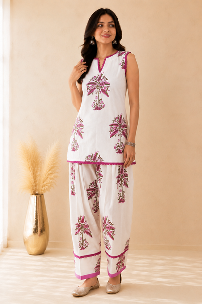 NAFISA WHITE BLOCK PRINTED FARSHI SET