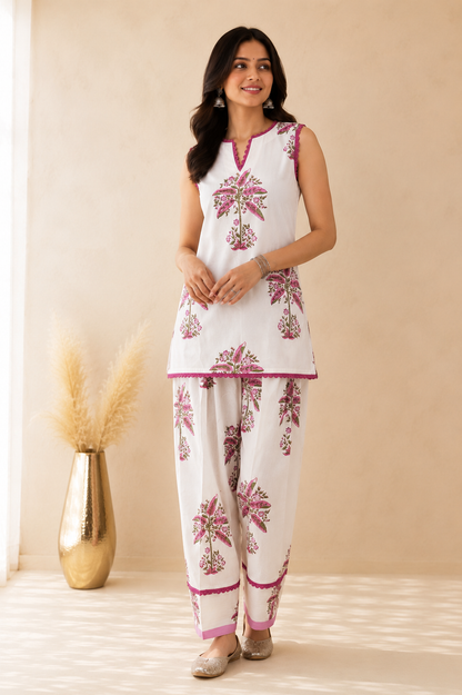 NAFISA WHITE BLOCK PRINTED FARSHI SET