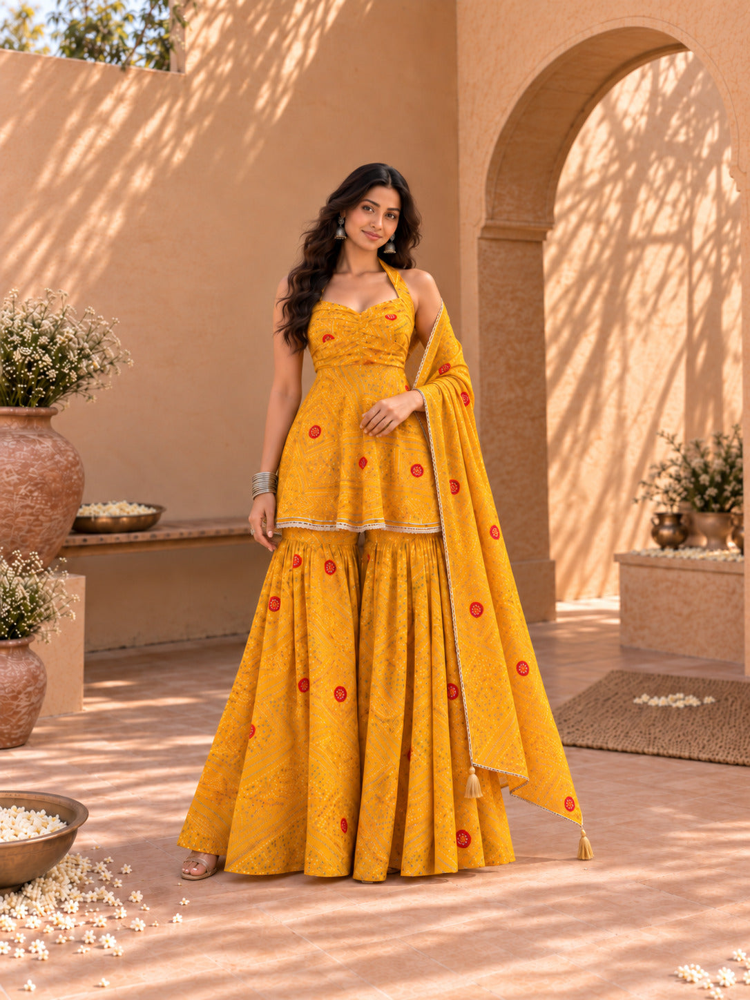 KHUSHBU YELLOW BANDHEJ SHARARA SET