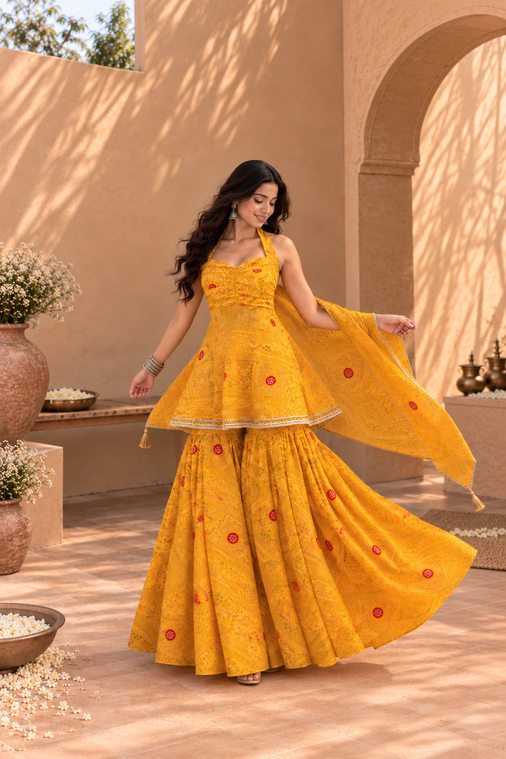 KHUSHBU YELLOW BANDHEJ SHARARA SET