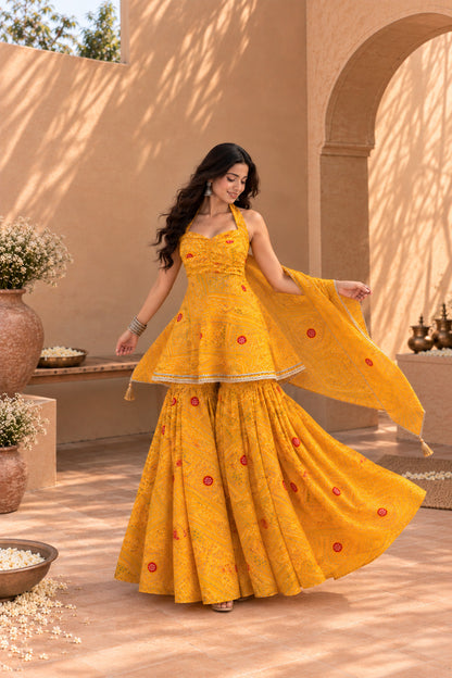KHUSHBU YELLOW BANDHEJ SHARARA SET