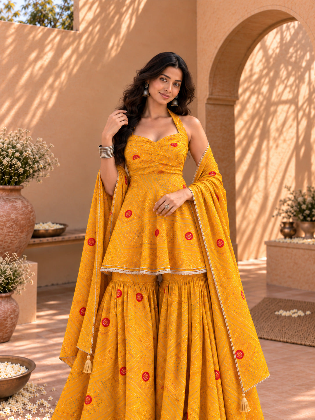 KHUSHBU YELLOW BANDHEJ SHARARA SET