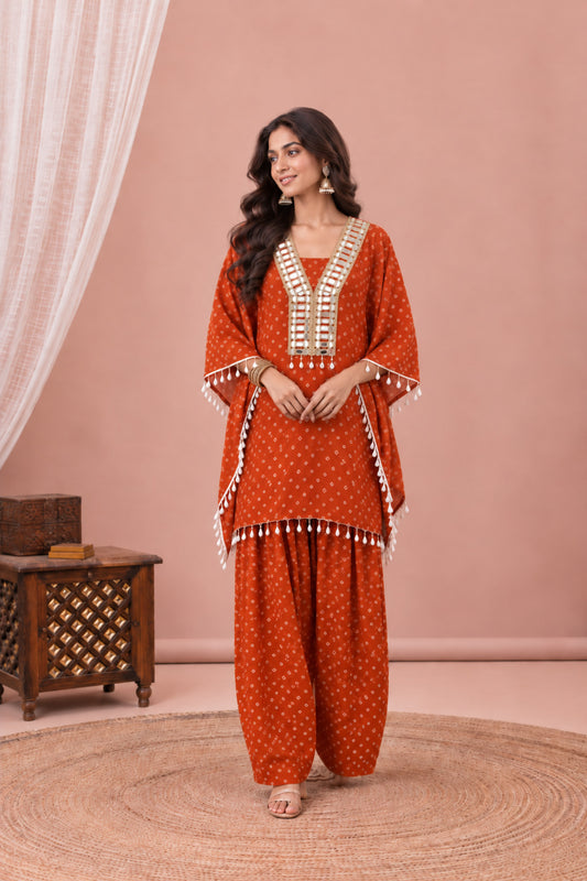 AMIRA ORANGE BANDHEJ KAFTAN SET