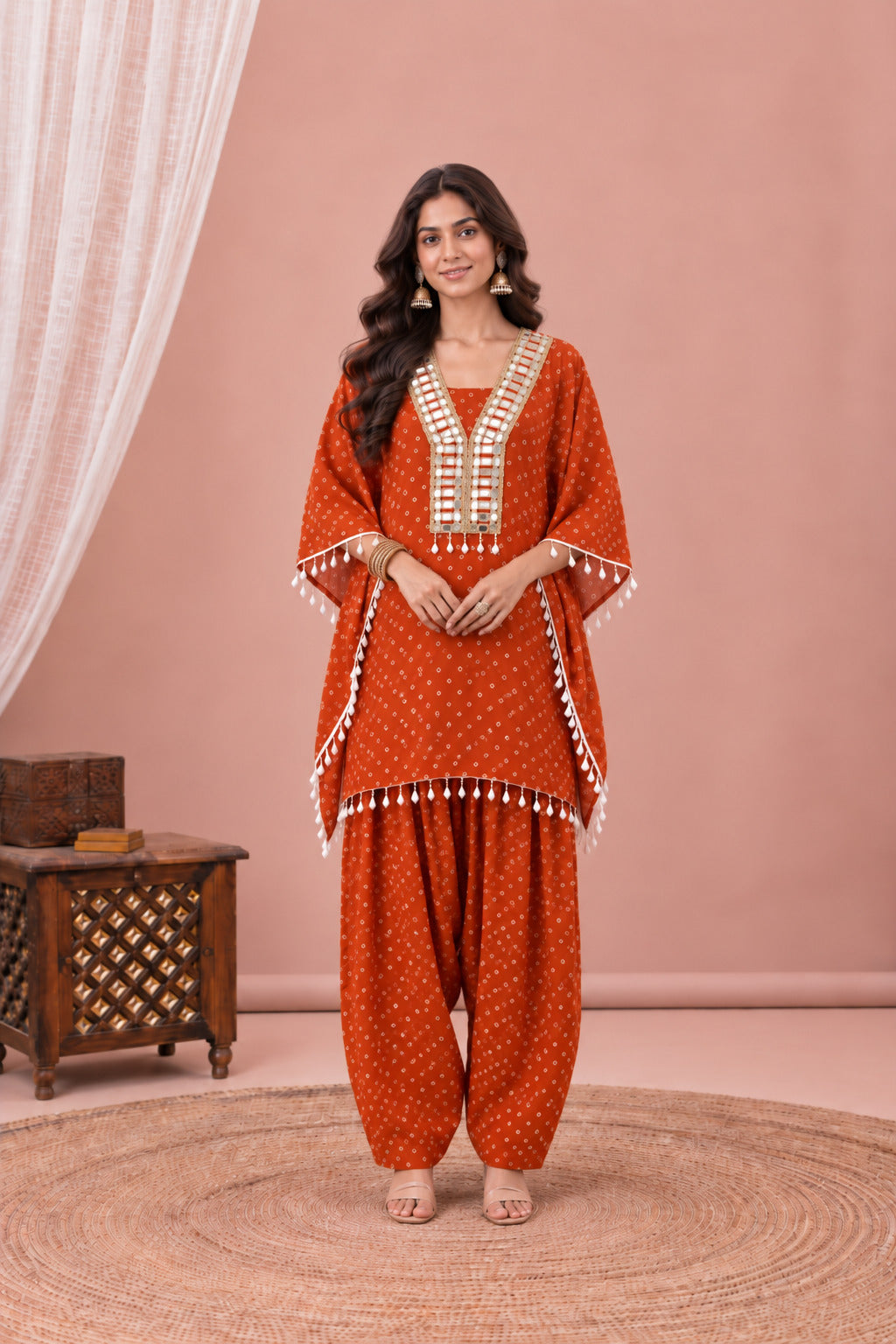 AMIRA ORANGE BANDHEJ KAFTAN FARSHI SET