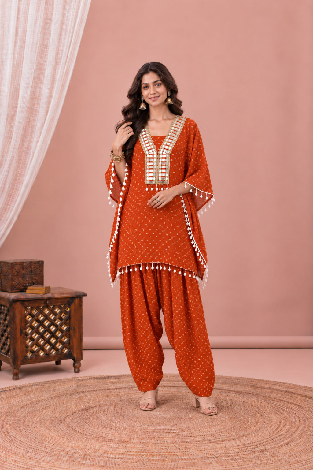AMIRA ORANGE BANDHEJ KAFTAN FARSHI SET