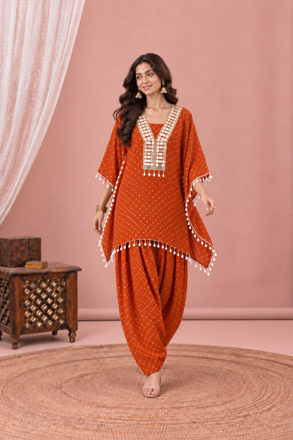 AMIRA ORANGE BANDHEJ KAFTAN FARSHI SET