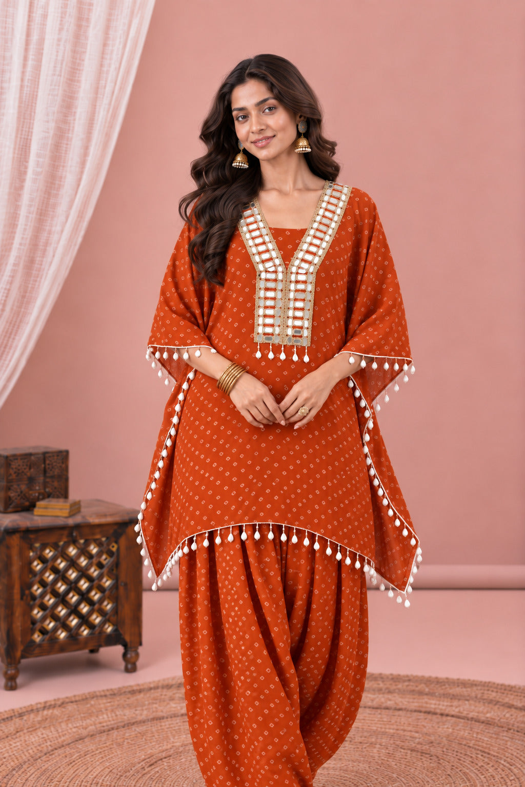 AMIRA ORANGE BANDHEJ KAFTAN FARSHI SET