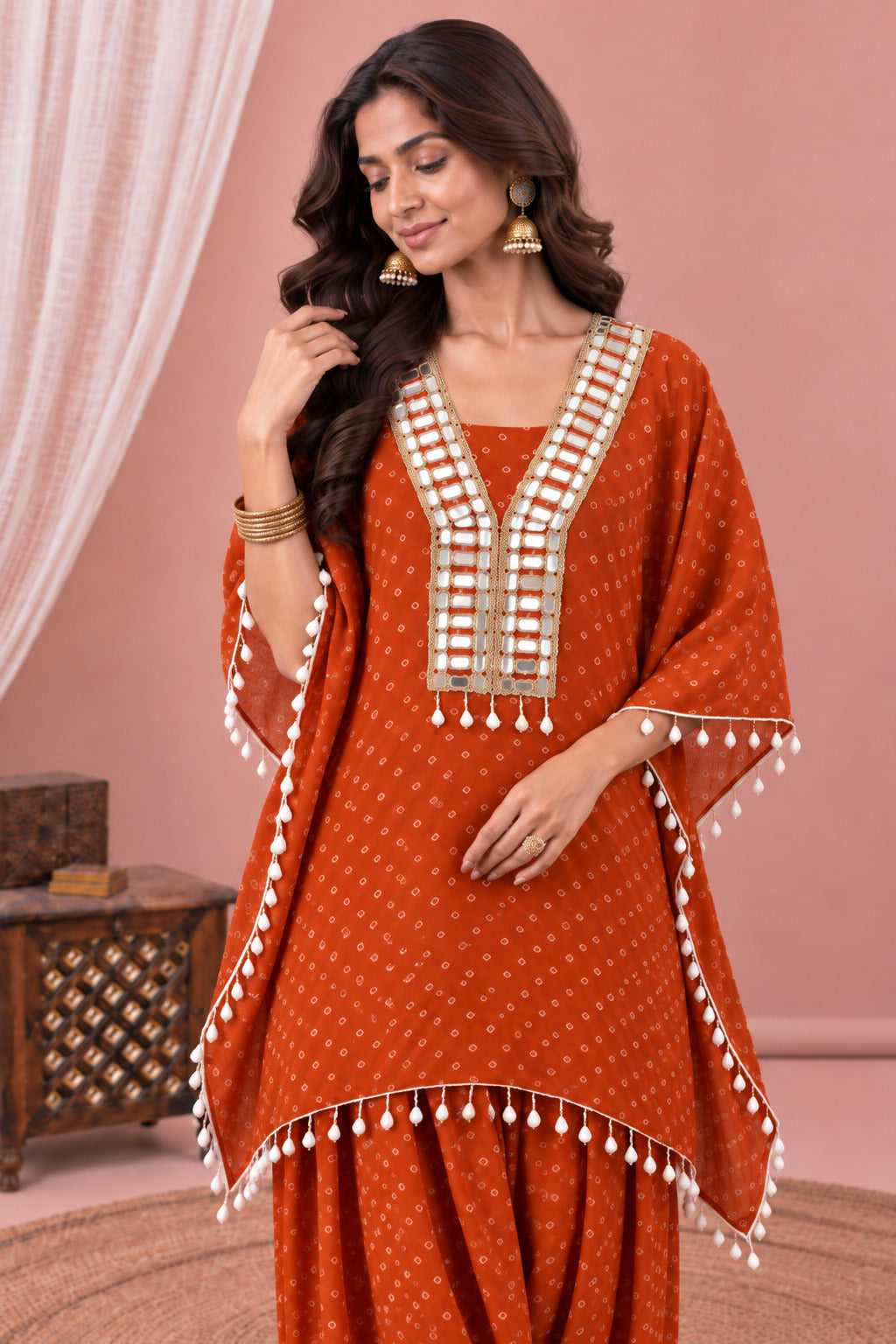 AMIRA ORANGE BANDHEJ KAFTAN FARSHI SET