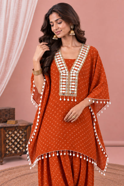 AMIRA ORANGE BANDHEJ KAFTAN FARSHI SET