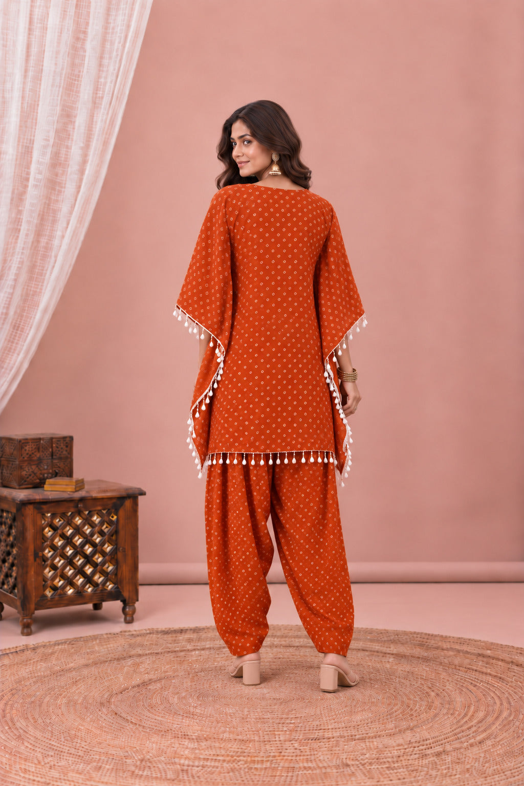 AMIRA ORANGE BANDHEJ KAFTAN FARSHI SET