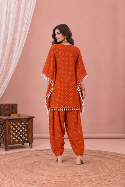 AMIRA ORANGE BANDHEJ KAFTAN FARSHI SET