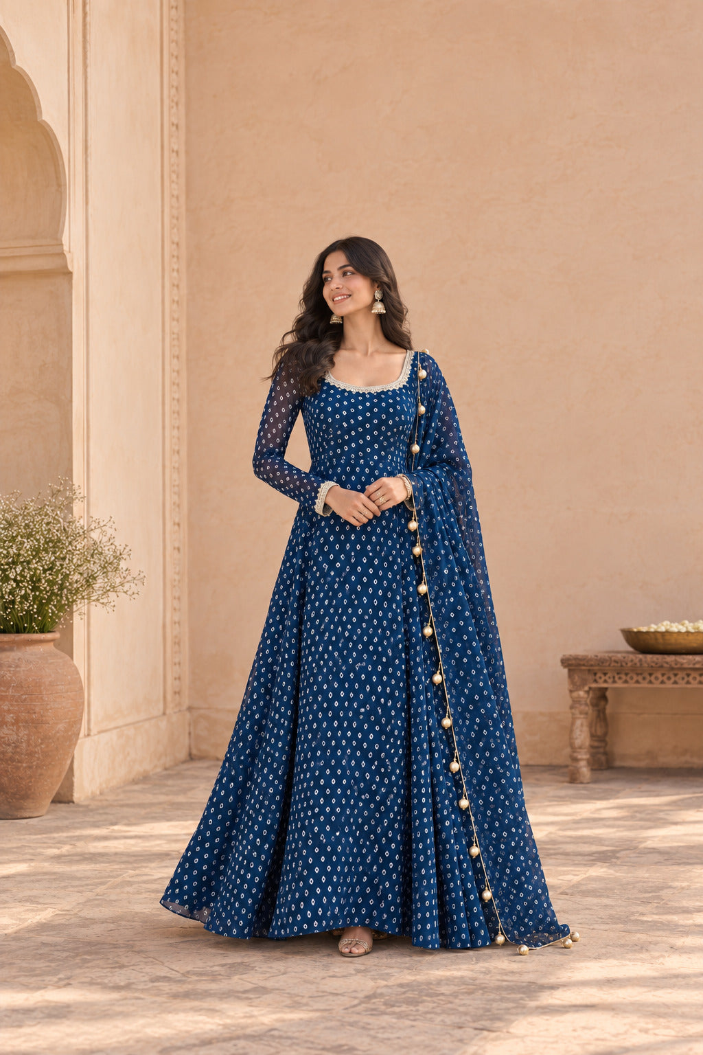 KUNIKA PEACOCK BLUE BANDHEJ ANARKALI SET