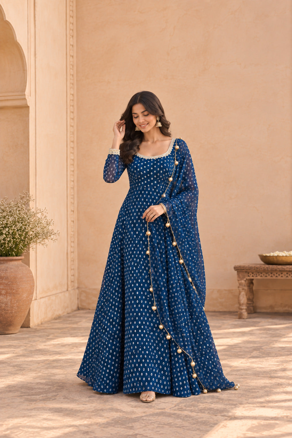 KUNIKA PEACOCK BLUE BANDHEJ ANARKALI SET