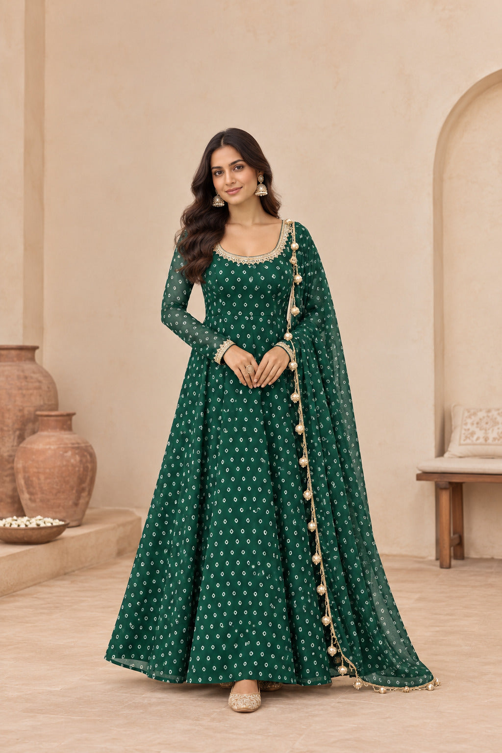 TARISHA BOTTLE GREEN BANDHEJ ANARKALI SET