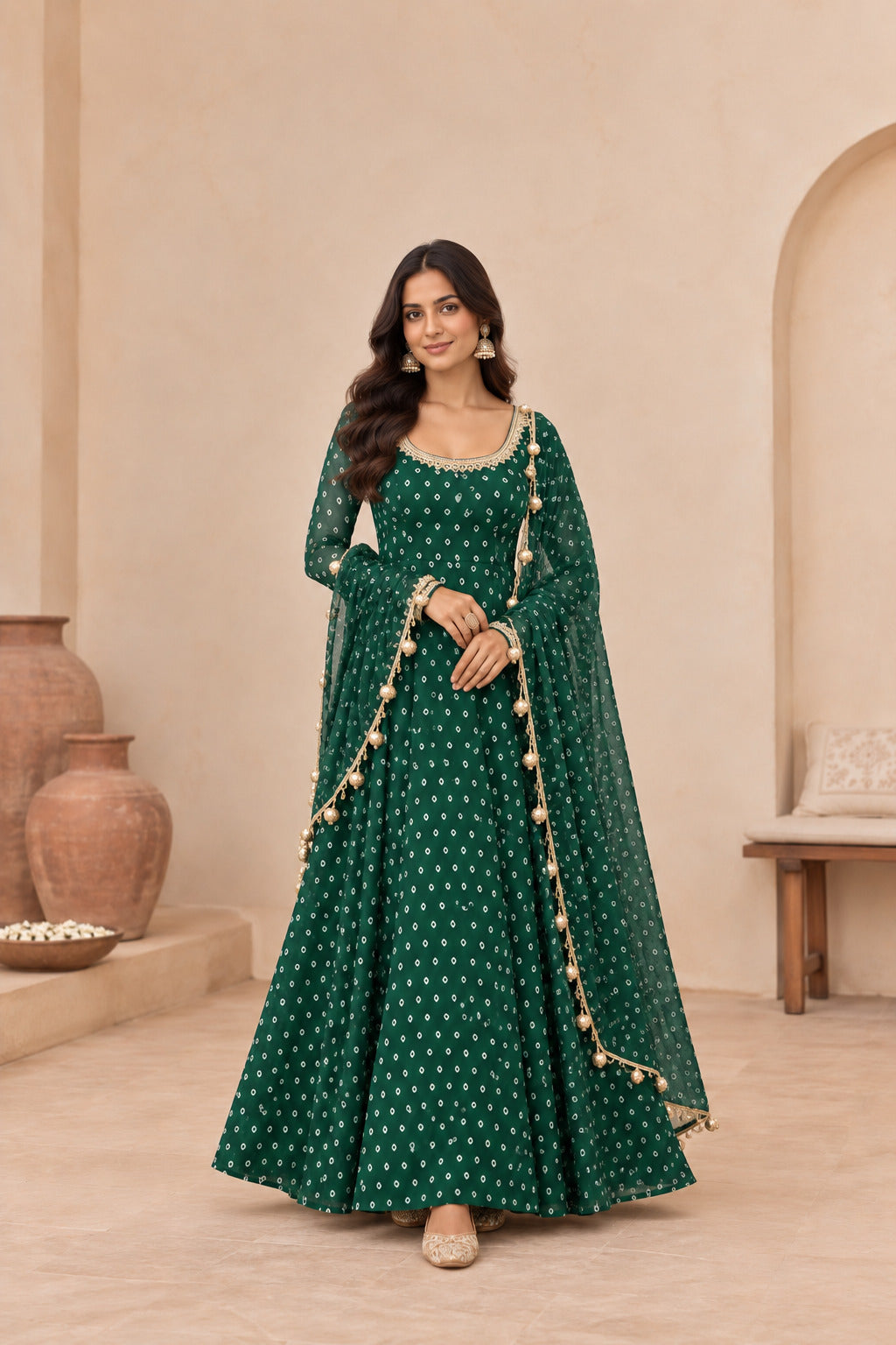 TARISHA BOTTLE GREEN BANDHEJ ANARKALI SET