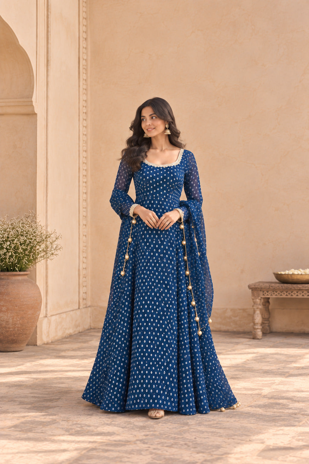 KUNIKA PEACOCK BLUE BANDHEJ ANARKALI SET