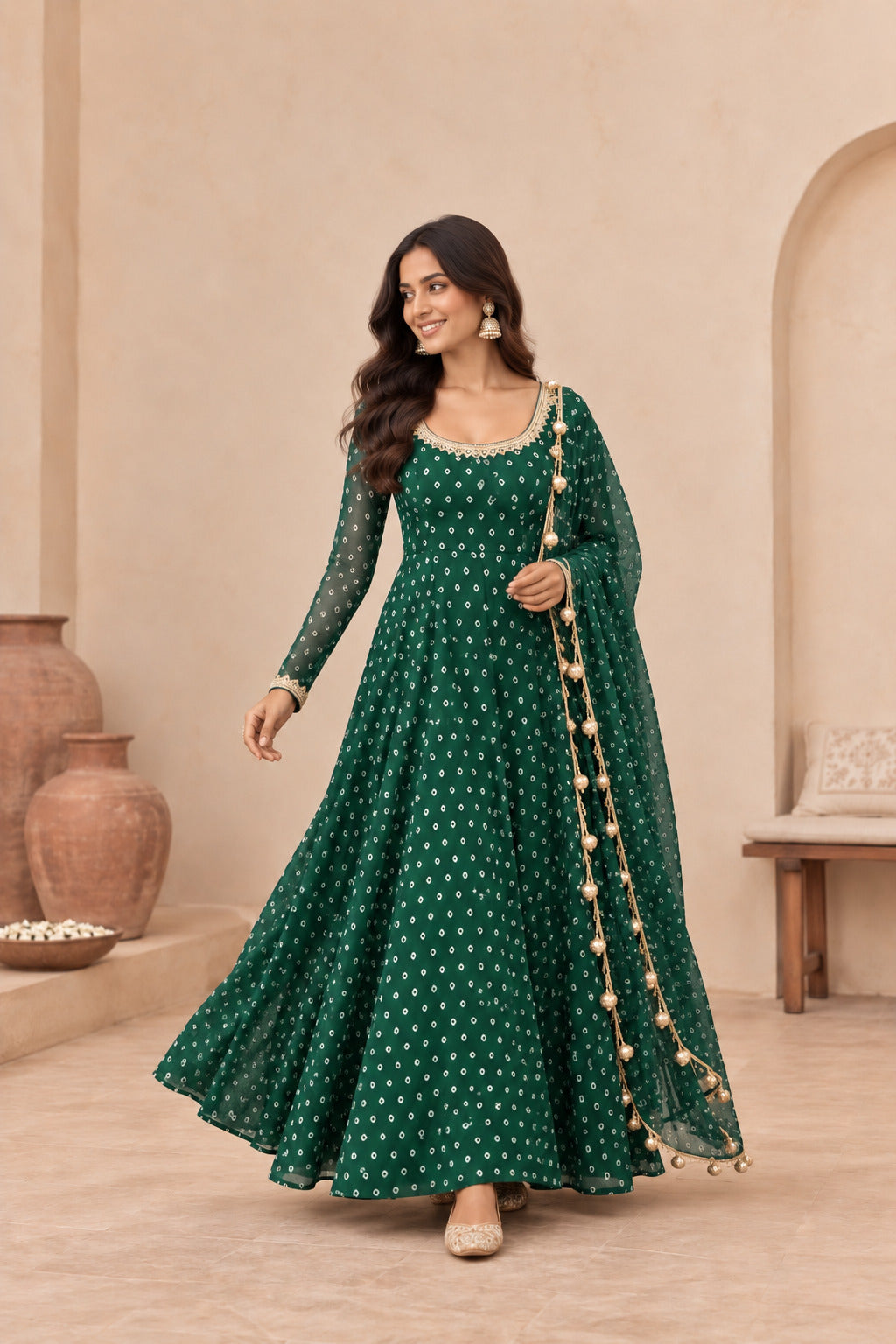 TARISHA BOTTLE GREEN BANDHEJ ANARKALI SET