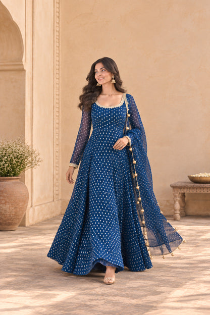 KUNIKA PEACOCK BLUE BANDHEJ ANARKALI SET
