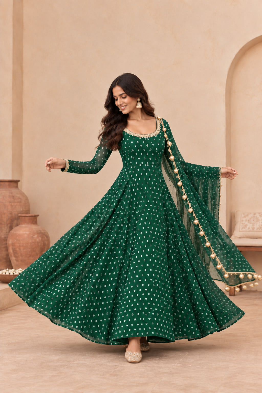 TARISHA BOTTLE GREEN BANDHEJ ANARKALI SET