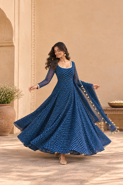 KUNIKA PEACOCK BLUE BANDHEJ ANARKALI SET