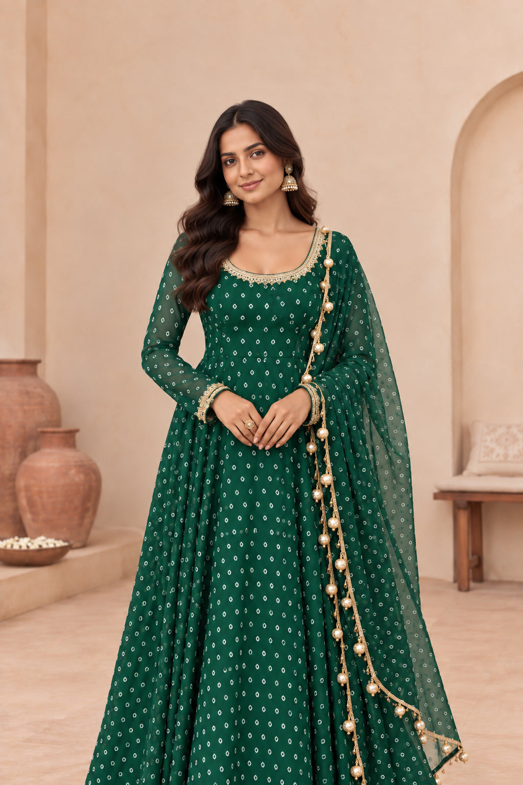 TARISHA BOTTLE GREEN BANDHEJ ANARKALI SET