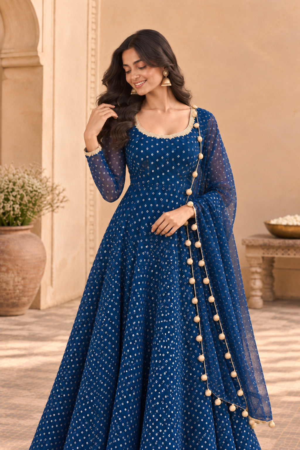 KUNIKA PEACOCK BLUE BANDHEJ ANARKALI SET