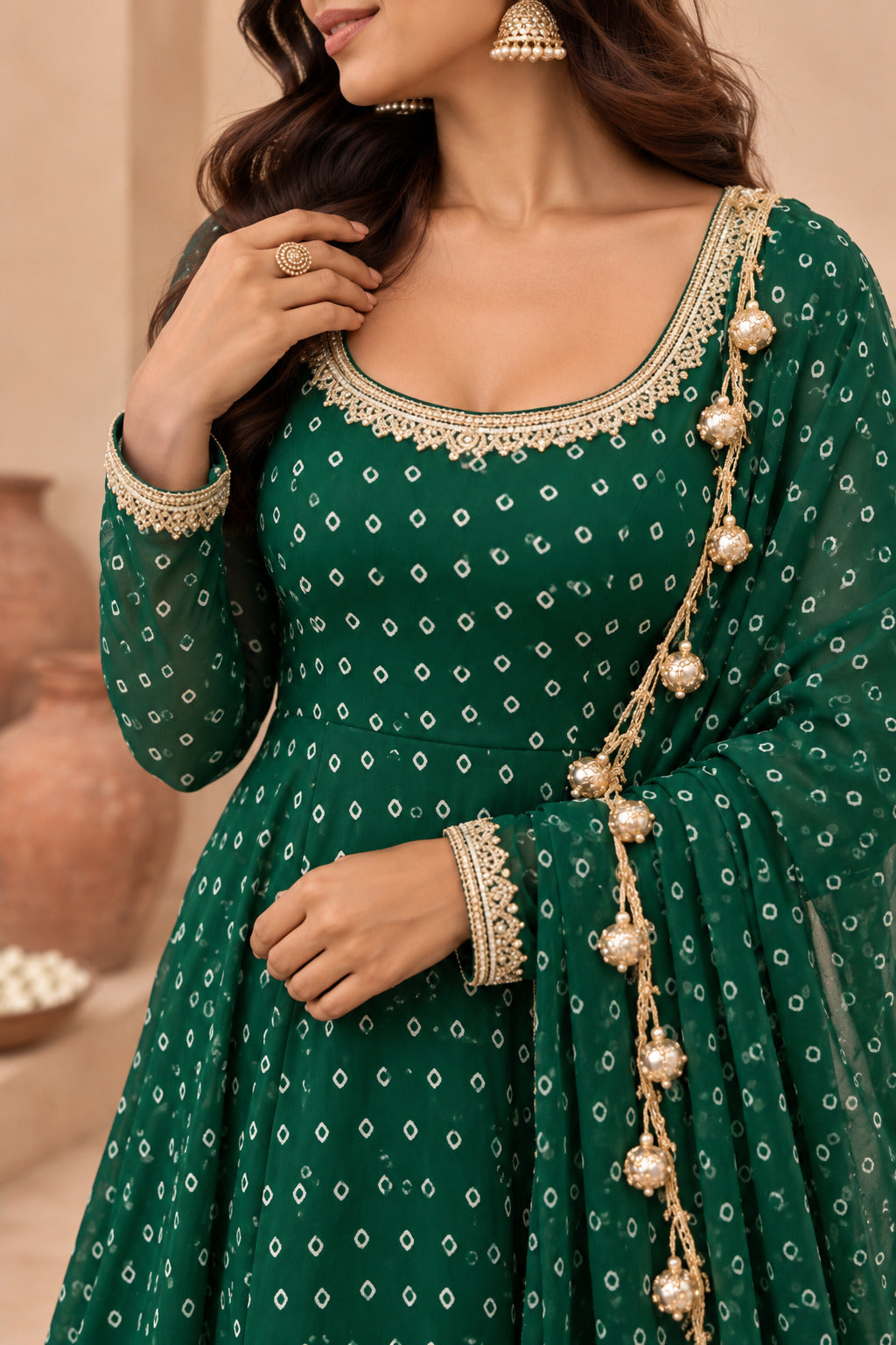 TARISHA BOTTLE GREEN BANDHEJ ANARKALI SET