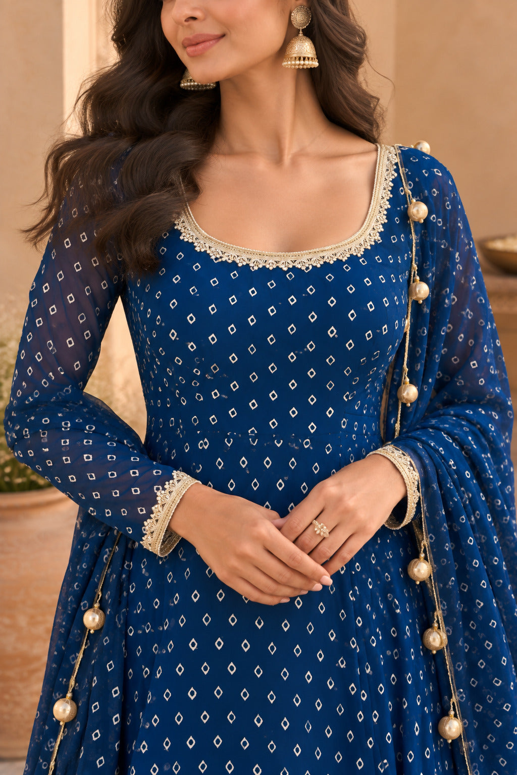 KUNIKA PEACOCK BLUE BANDHEJ ANARKALI SET