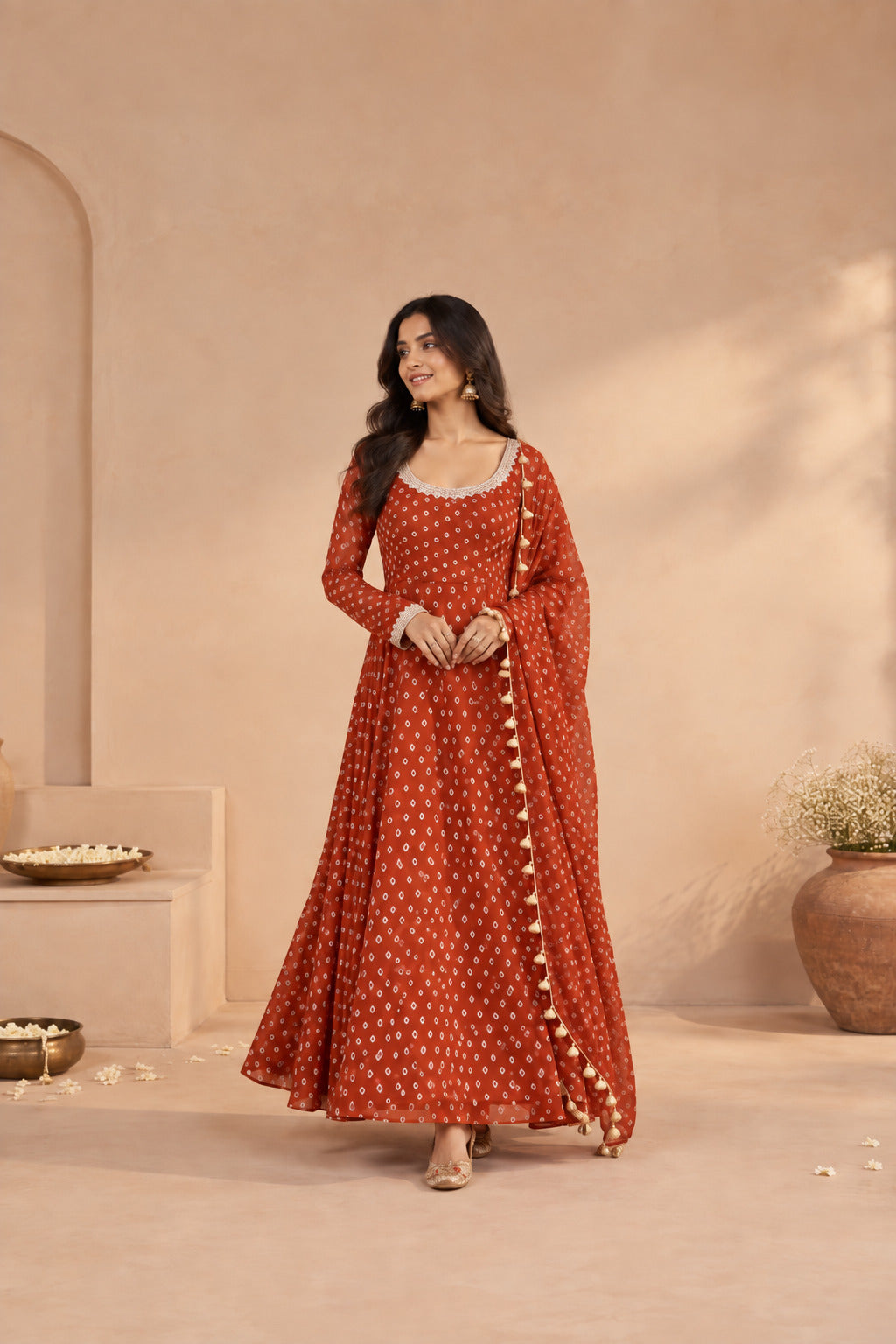 GEETIKA RUST BANDHEJ ANARKALI SET