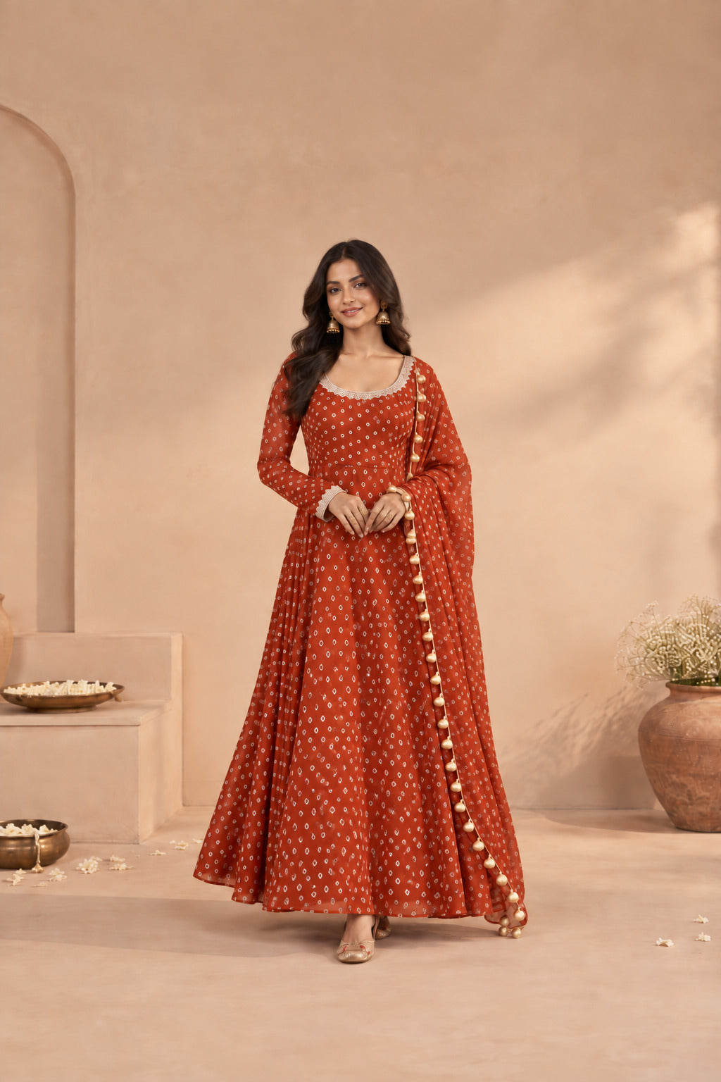 GEETIKA RUST BANDHEJ ANARKALI SET