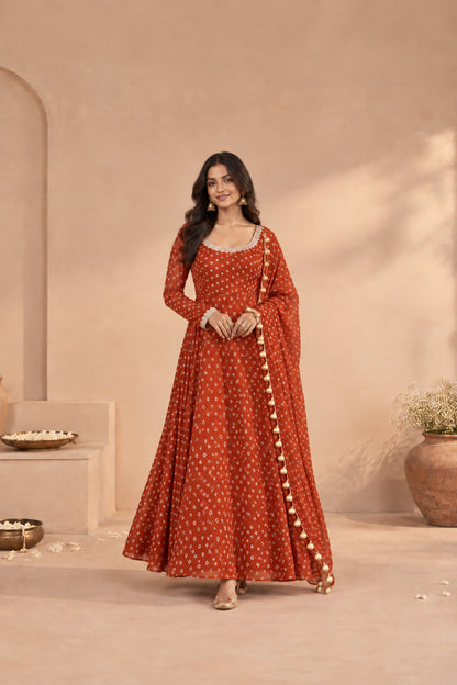 GEETIKA RUST BANDHEJ ANARKALI SET
