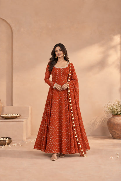 GEETIKA RUST BANDHEJ ANARKALI SET