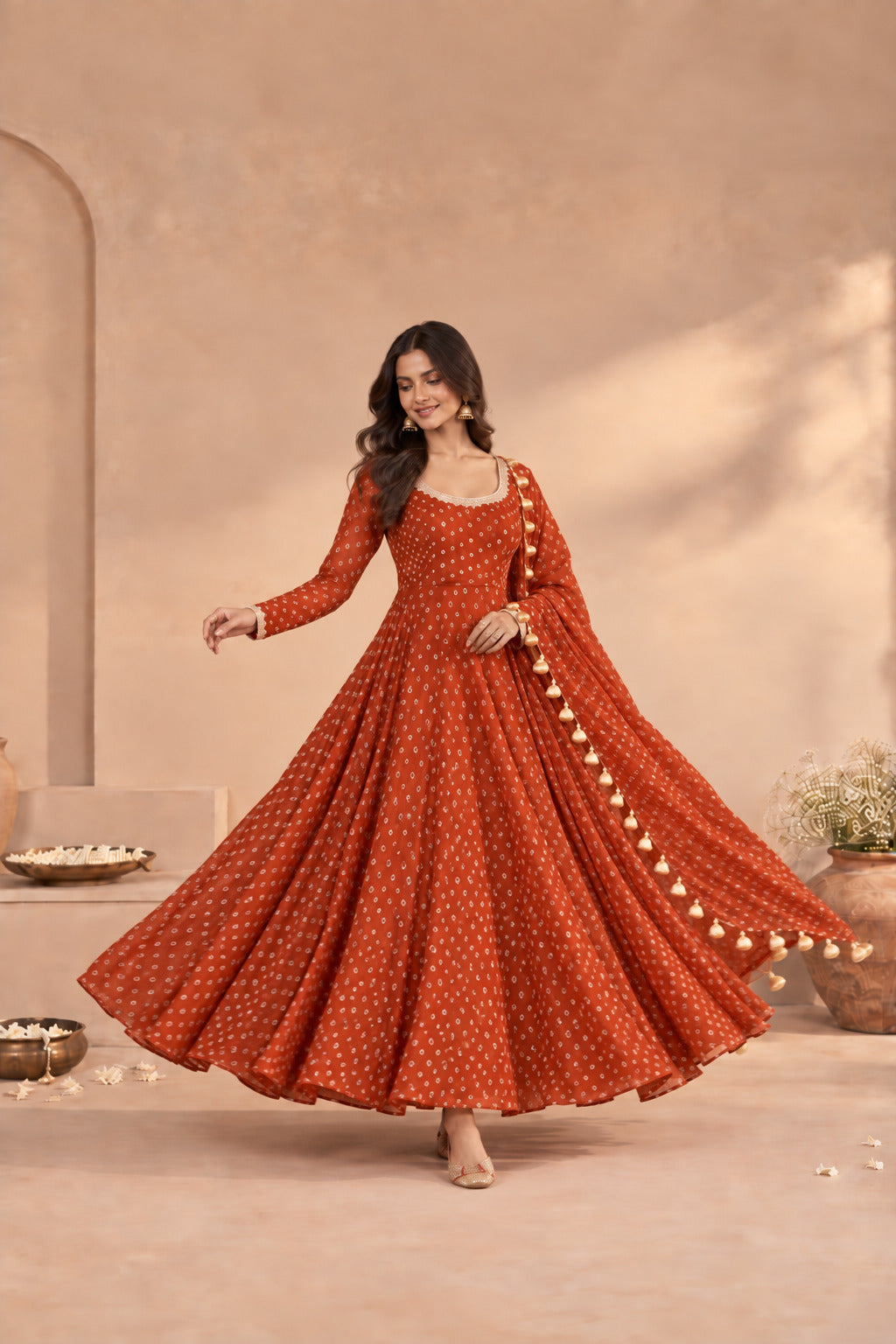 GEETIKA RUST BANDHEJ ANARKALI SET
