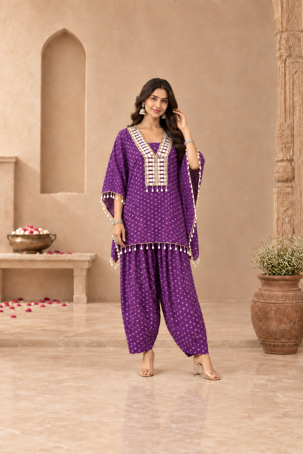 ANJALI PURPLE BANDHEJ KAFTAN FARSHI SET