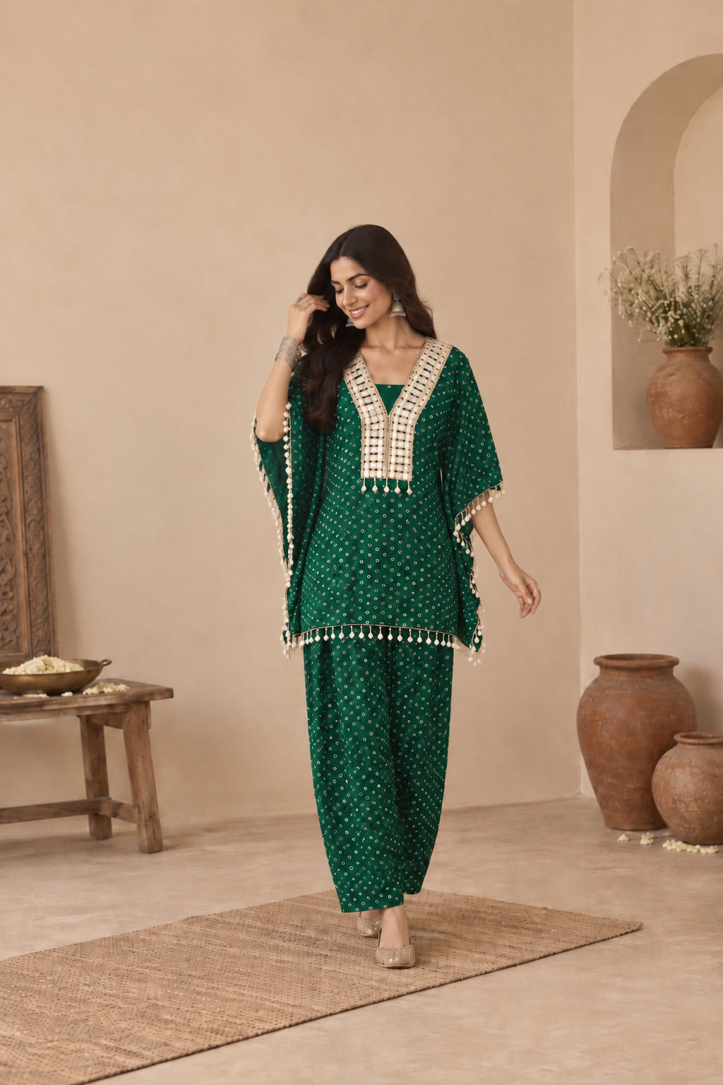 RASHYA BOTTLE GREEN BANDHEJ KAFTAN FARSHI SET