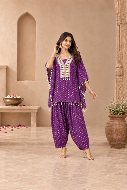 ANJALI PURPLE BANDHEJ KAFTAN FARSHI SET