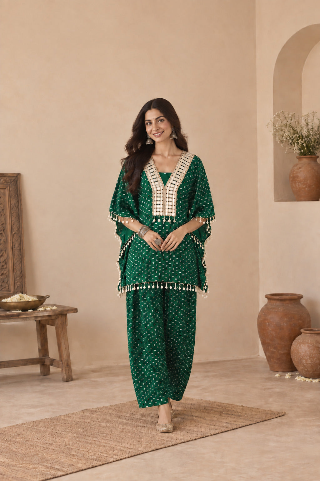 RASHYA BOTTLE GREEN BANDHEJ KAFTAN FARSHI SET
