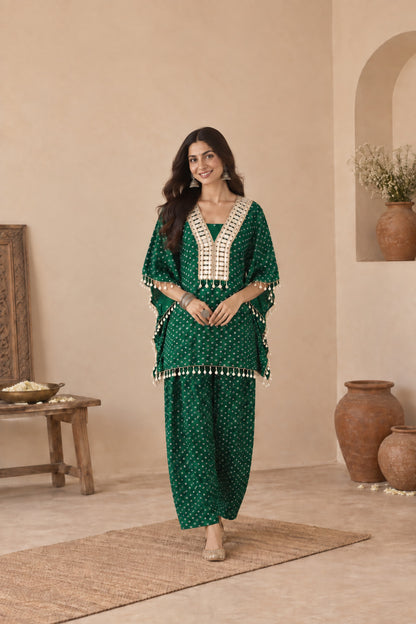 RASHYA BOTTLE GREEN BANDHEJ KAFTAN FARSHI SET
