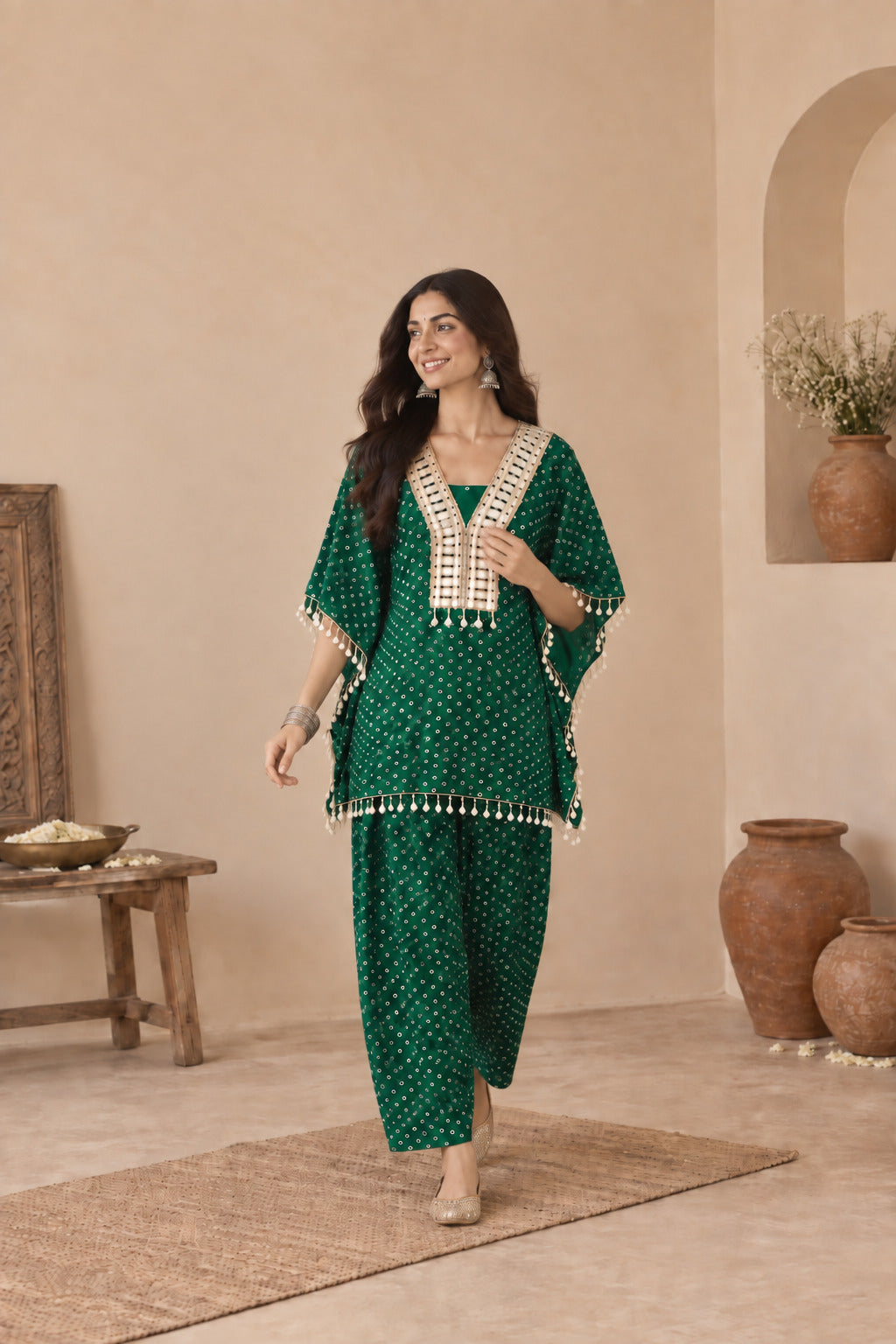 RASHYA BOTTLE GREEN BANDHEJ KAFTAN FARSHI SET