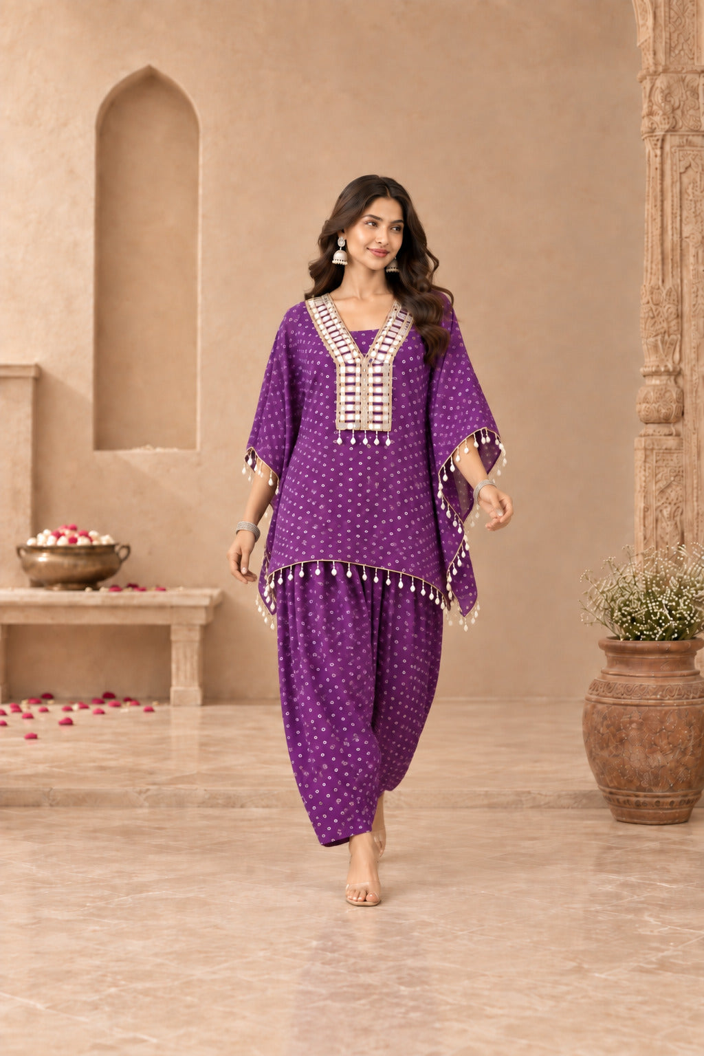 ANJALI PURPLE BANDHEJ KAFTAN FARSHI SET