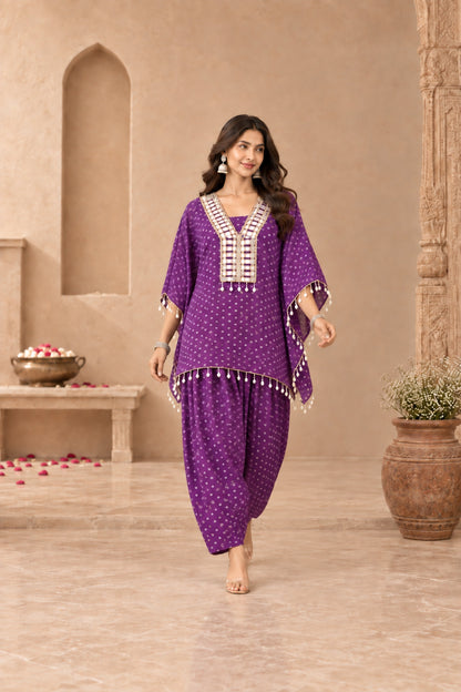 ANJALI PURPLE BANDHEJ KAFTAN FARSHI SET