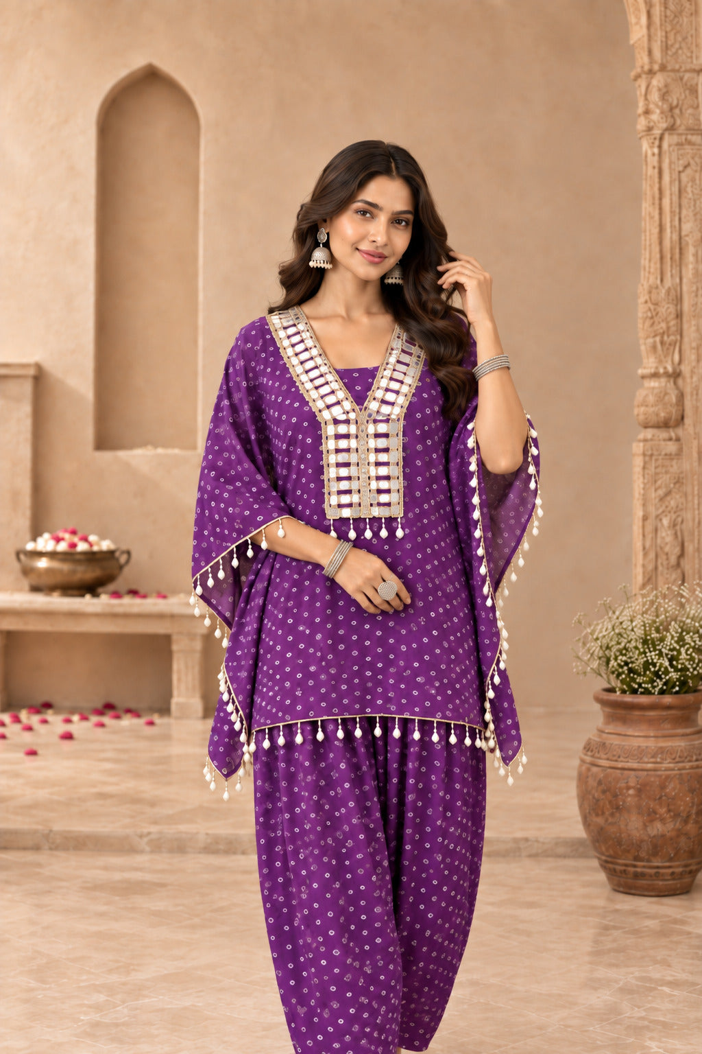 ANJALI PURPLE BANDHEJ KAFTAN FARSHI SET