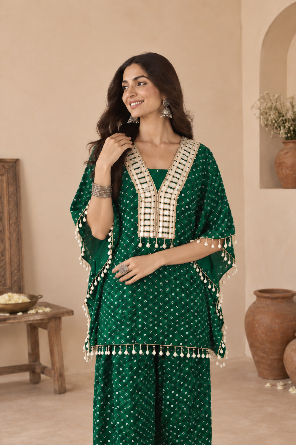 RASHYA BOTTLE GREEN BANDHEJ KAFTAN FARSHI SET