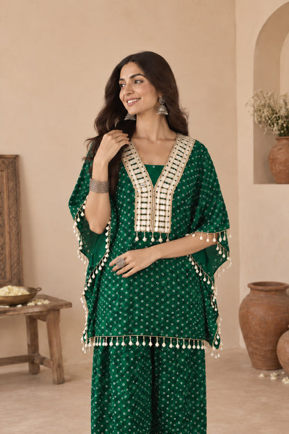RASHYA BOTTLE GREEN BANDHEJ KAFTAN FARSHI SET