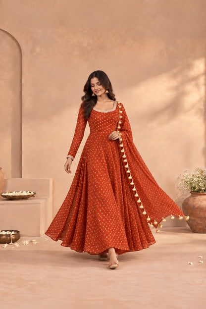 GEETIKA RUST BANDHEJ ANARKALI SET