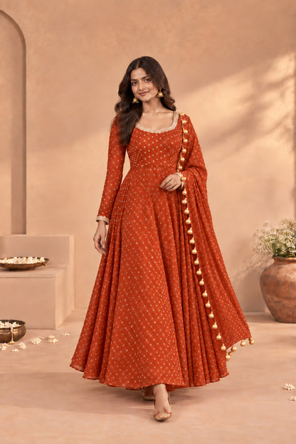 GEETIKA RUST BANDHEJ ANARKALI SET