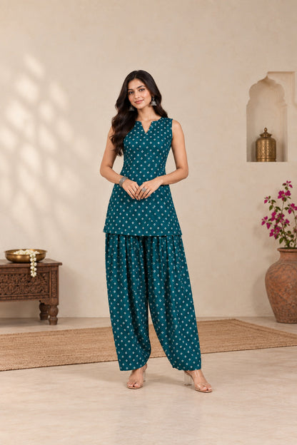 DRITI PEACOCK BLUE BANDHEJ FARSHI SET