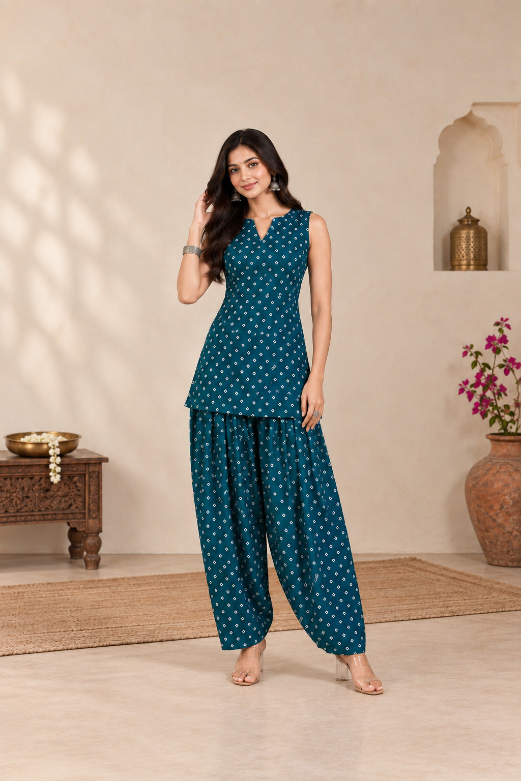 DRITI PEACOCK BLUE BANDHEJ FARSHI SET