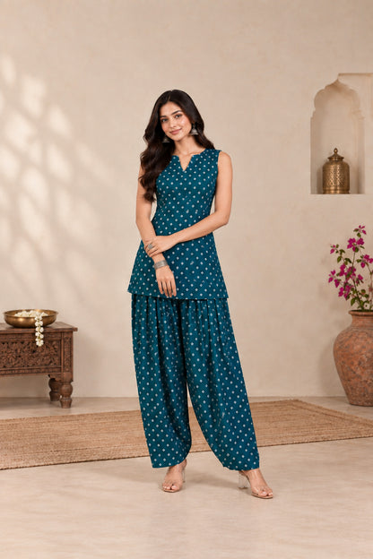 DRITI PEACOCK BLUE BANDHEJ FARSHI SET