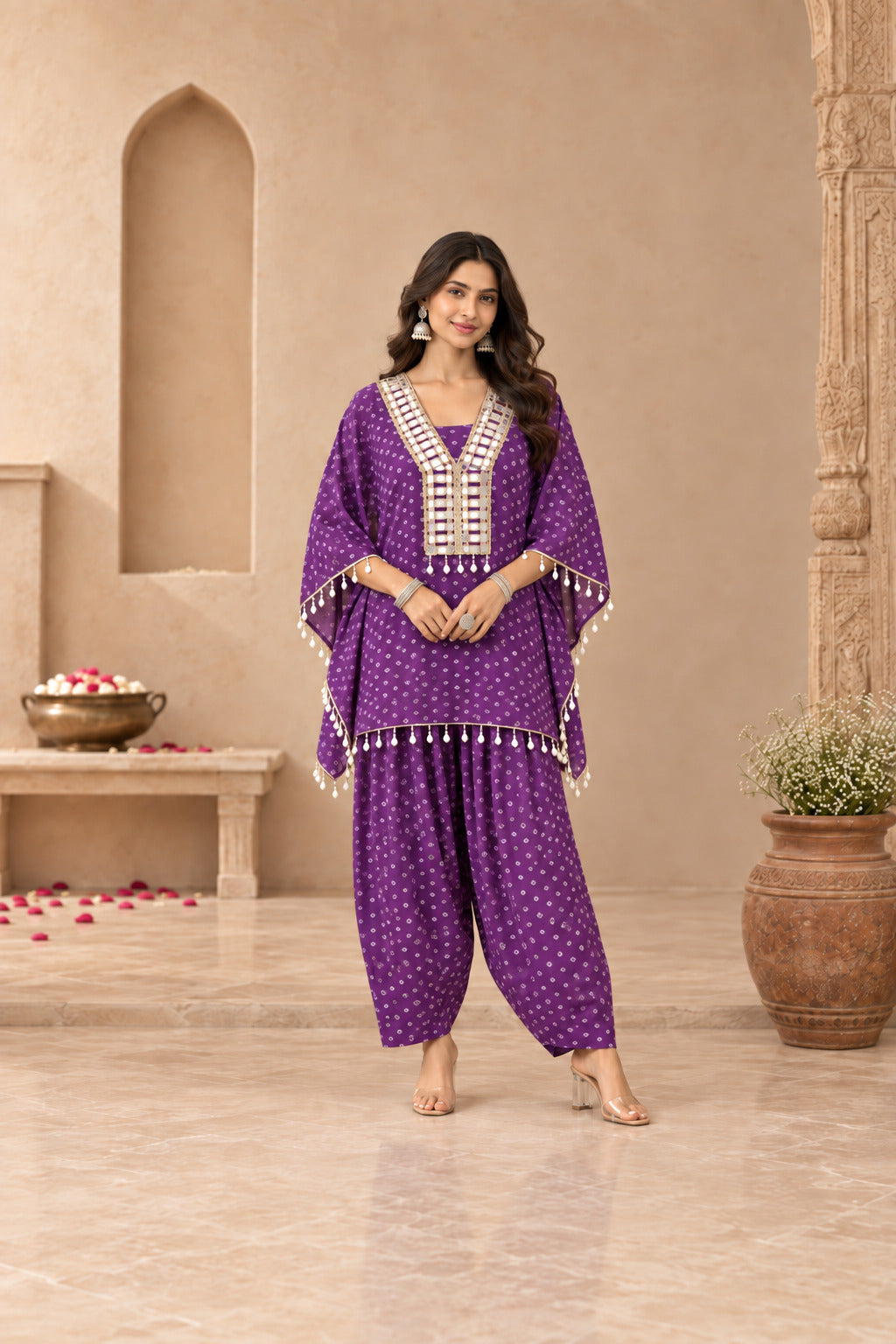 ANJALI PURPLE BANDHEJ KAFTAN FARSHI SET